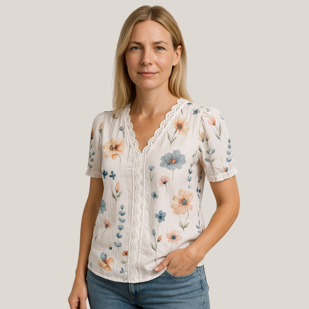 AMARILIAMC | Blouse à col en V avec bordure en dentelle florale