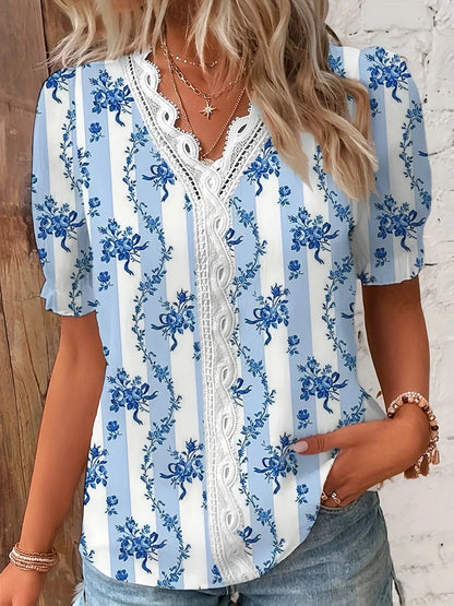 AMARILIAMC | Blouse à col en V avec bordure en dentelle florale