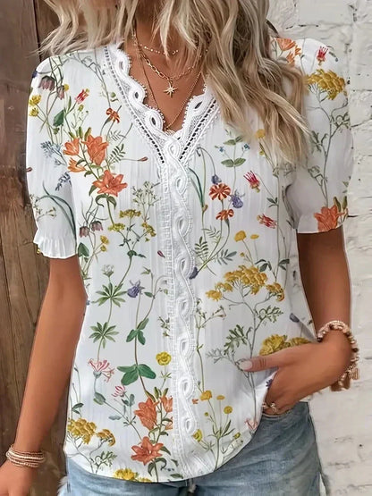 AMARILIAMC | Blouse à col en V avec bordure en dentelle florale