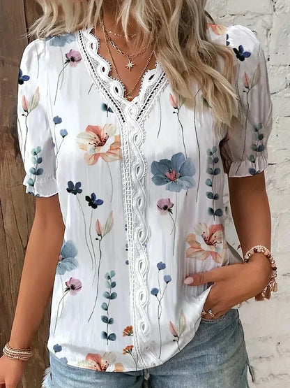 AMARILIAMC | Blouse à col en V avec bordure en dentelle florale