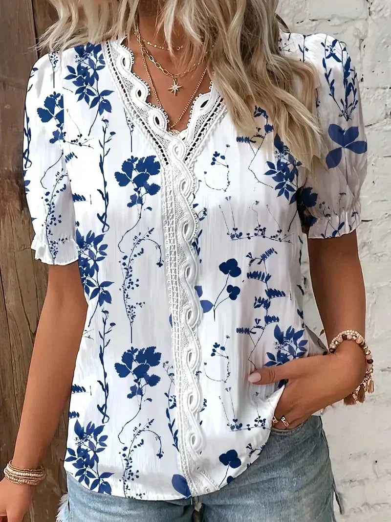 AMARILIAMC | Blouse à col en V avec bordure en dentelle florale